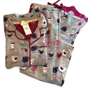 Munki Munki Womens Pajama Set Size S Flannel Button Up Top Coffee Mugs Cats Cozy